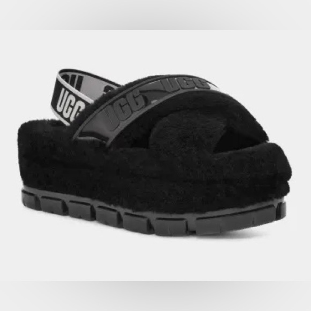 NWT UGG Women’s Fuzzita Clear Black Shearling Sandal Size 7